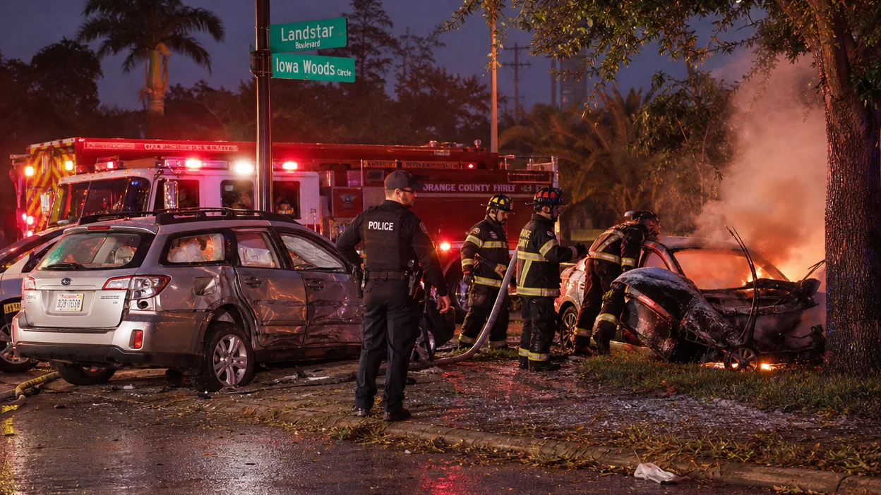 Fiery Orange County crash 2026 on Landstar Blvd