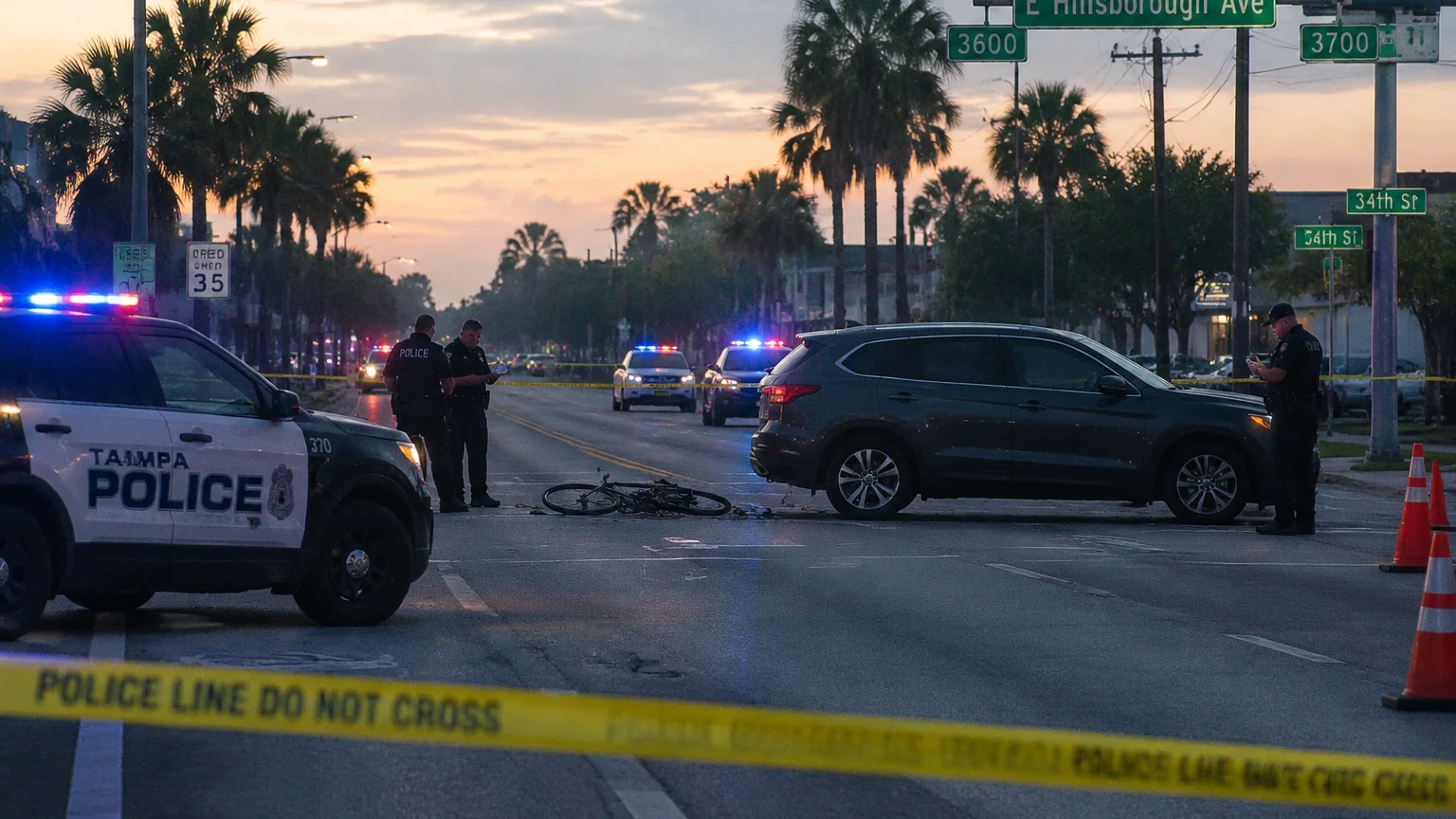 Bicyclist fatal crash scene on Hillsborough Avenue Tampa 2026
