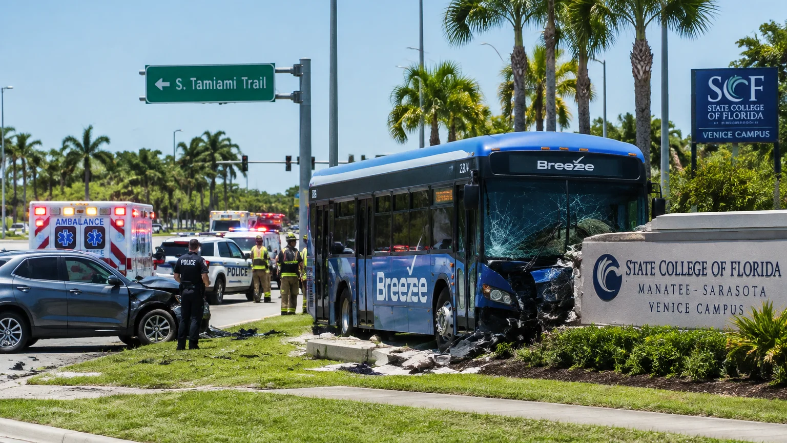 Breeze bus crash Sarasota 2026 scene near State College of Florida