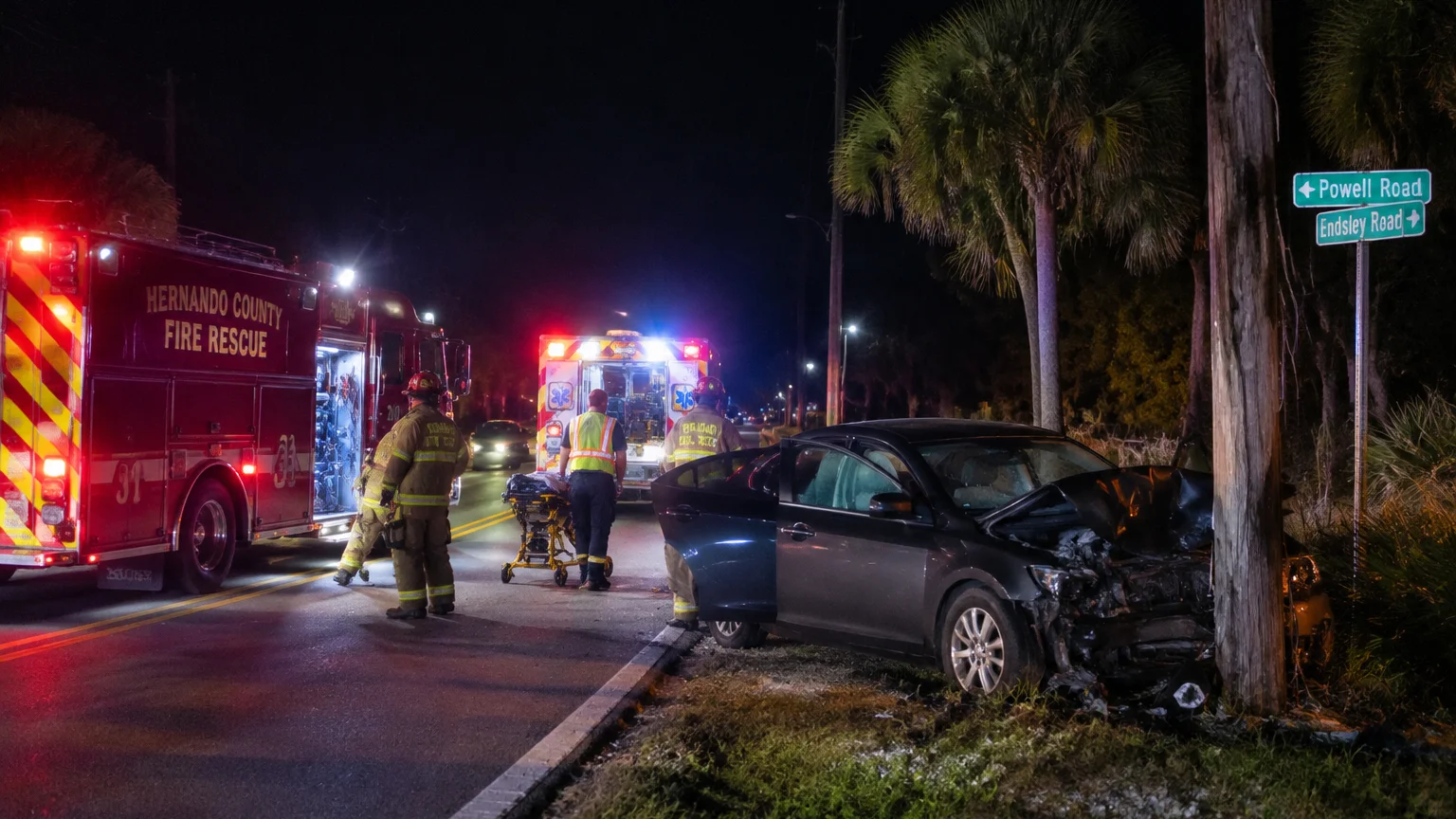Brooksville car accident 2026 - Driver hospitalized after power pole crash