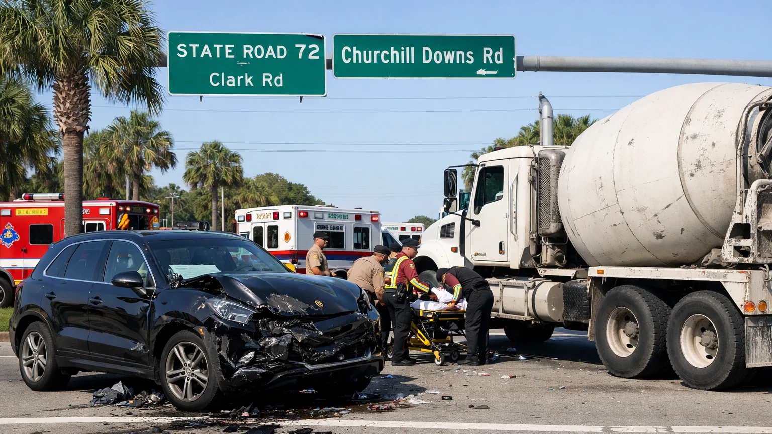 Sarasota crash 2026 scene involving cement truck on Clark Road