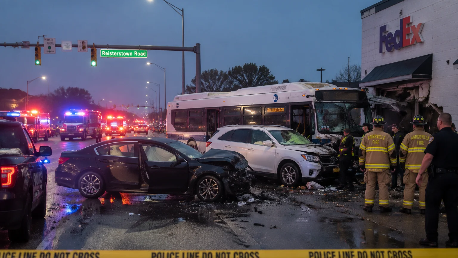 Pikesville 12-vehicle crash 2026 scene with bus and vehicles
