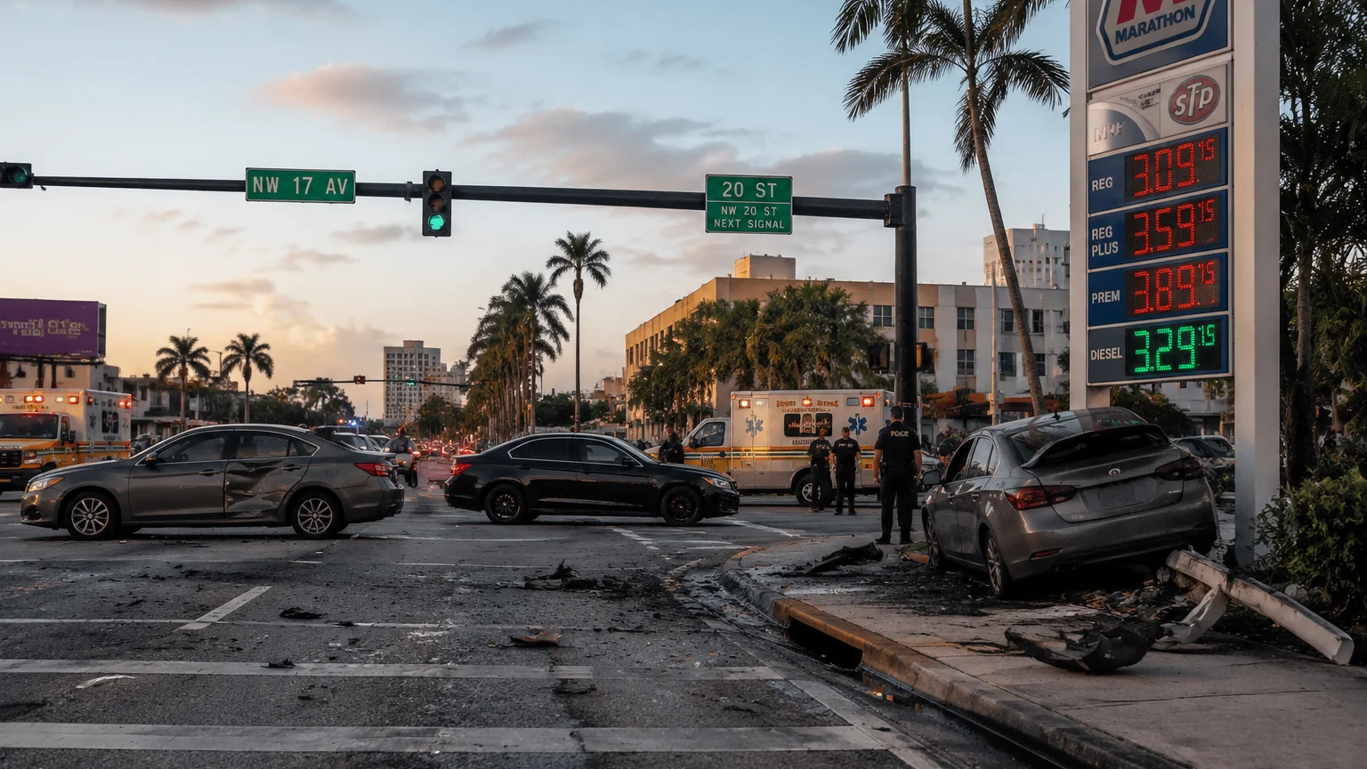 Downtown Miami crash site at NW 17th Avenue and 20th Street, July 2026