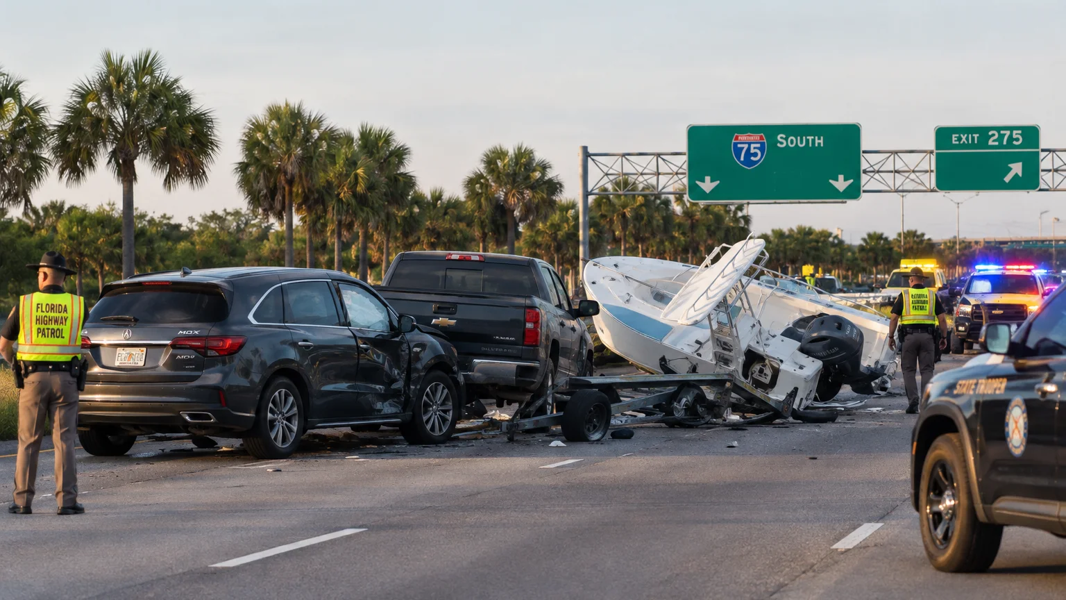 I-75 crash Pasco County 2026 with boat on highway