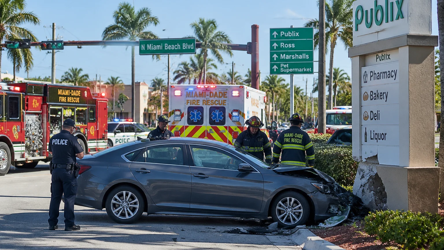 North Miami Beach crash 2026, car into strip mall sign