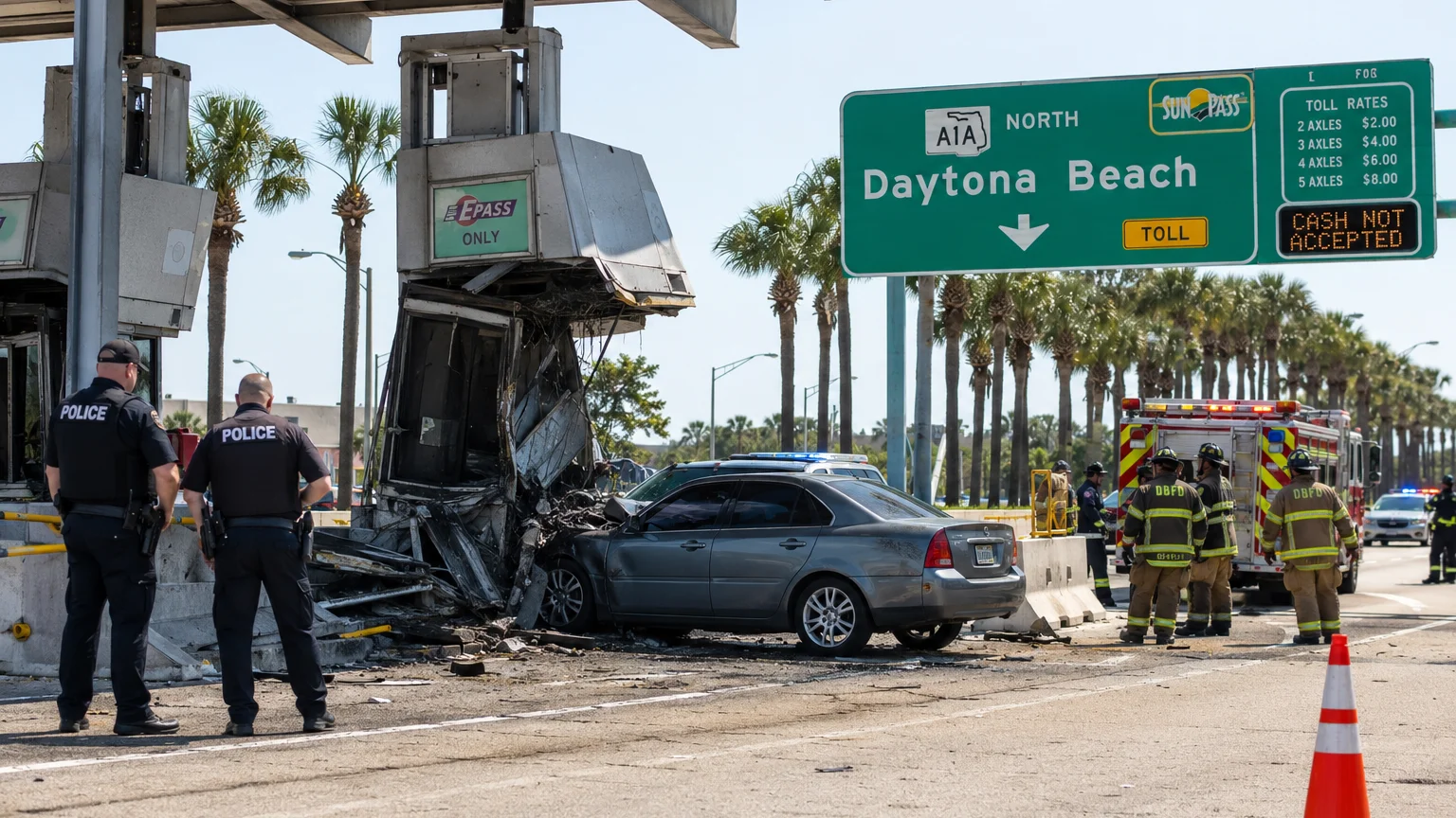DUI crash Daytona Beach 2026 aftermath at toll booth.
