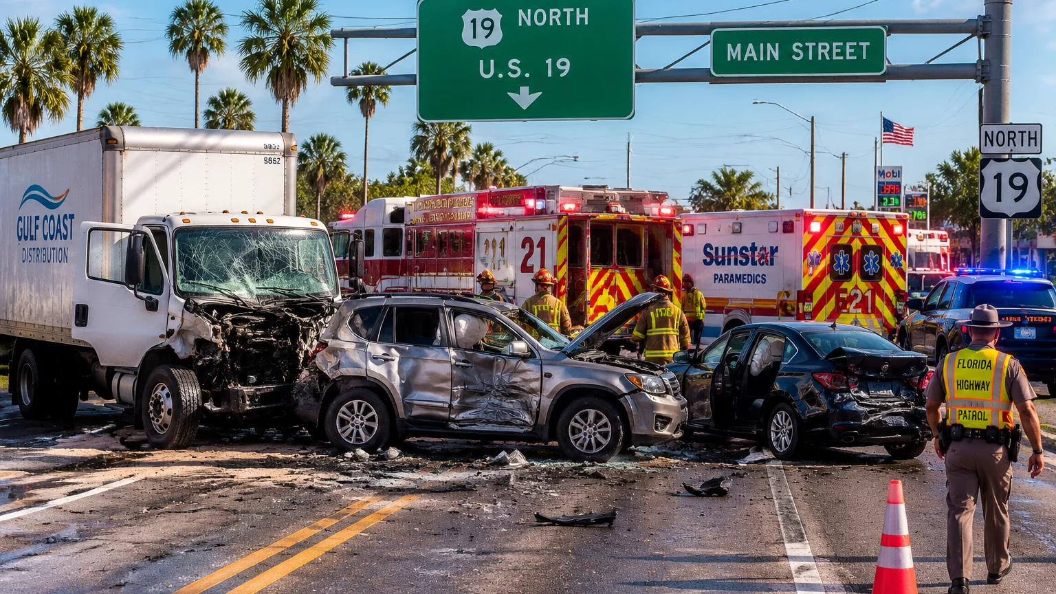 Fatal U.S. 19 crash scene in Pinellas County, June 2026