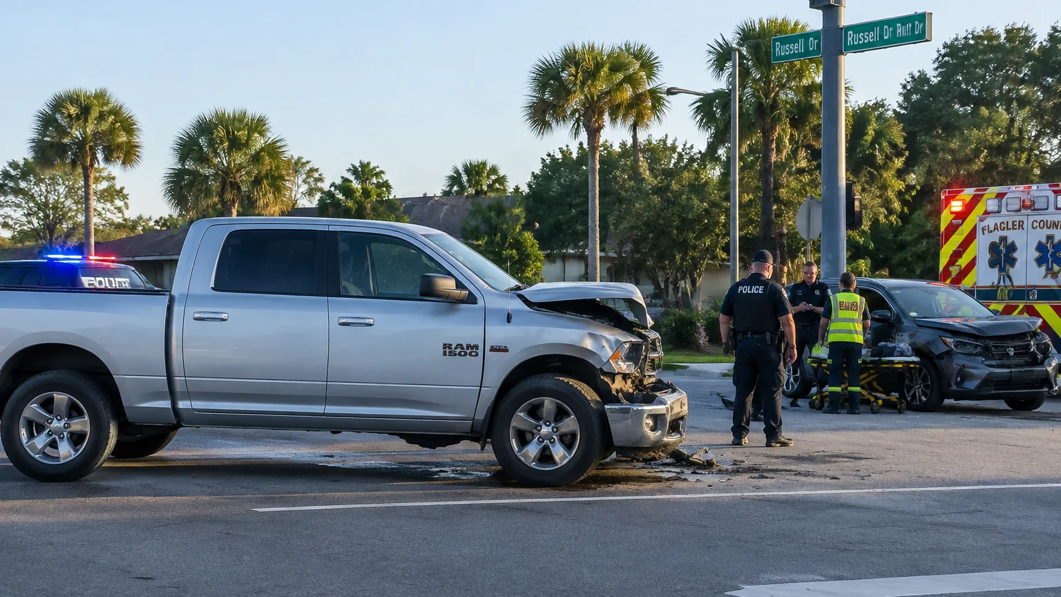 Flagler County hit-and-run 2026 scene with damaged vehicles