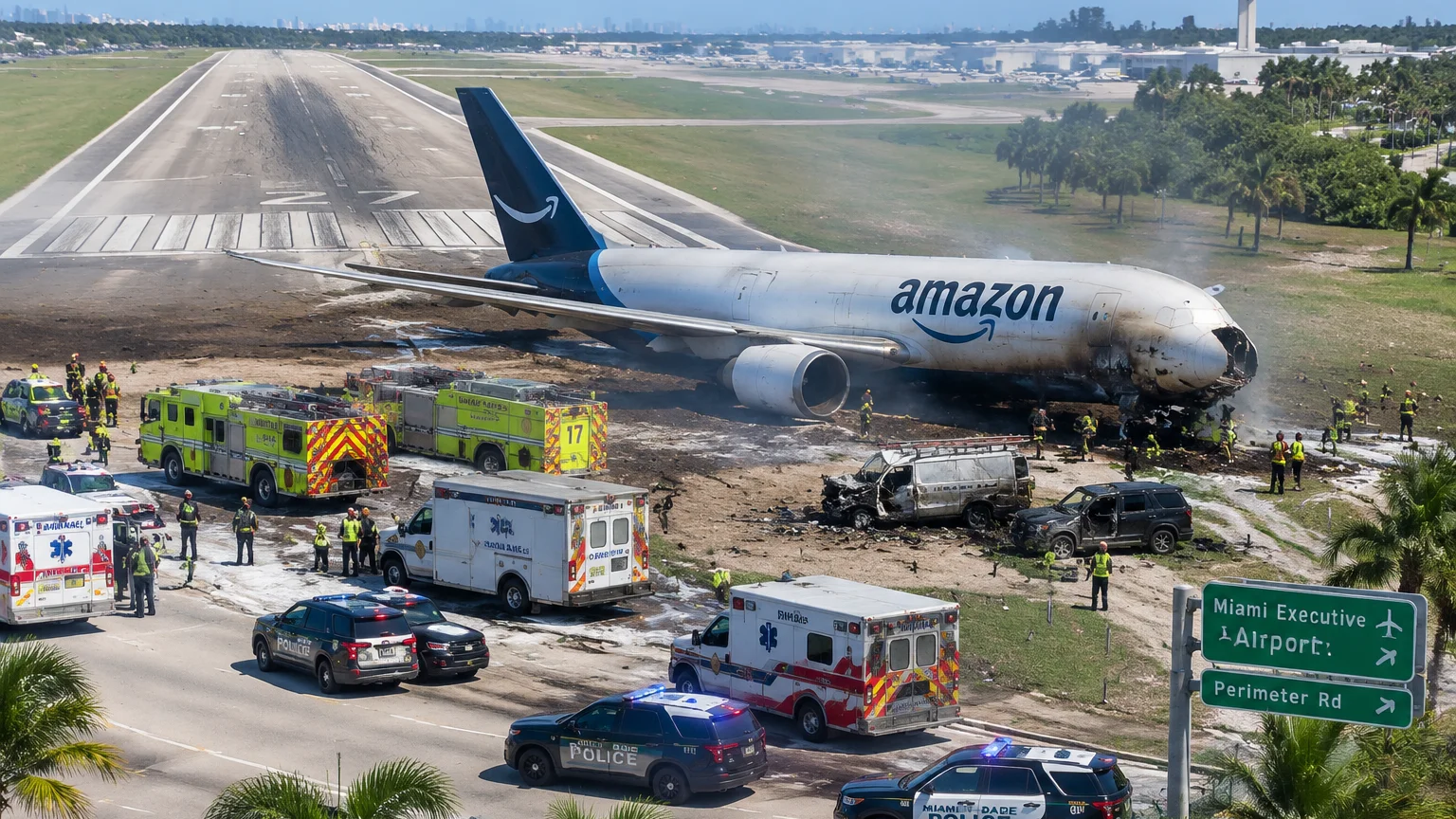 Amazon cargo jet crash site in Miami 2026