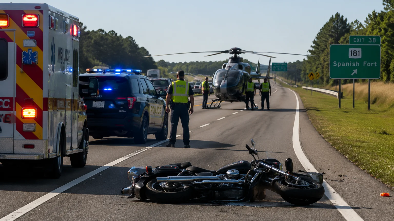 I-10 crash Baldwin County 2026 motorcyclist airlifted