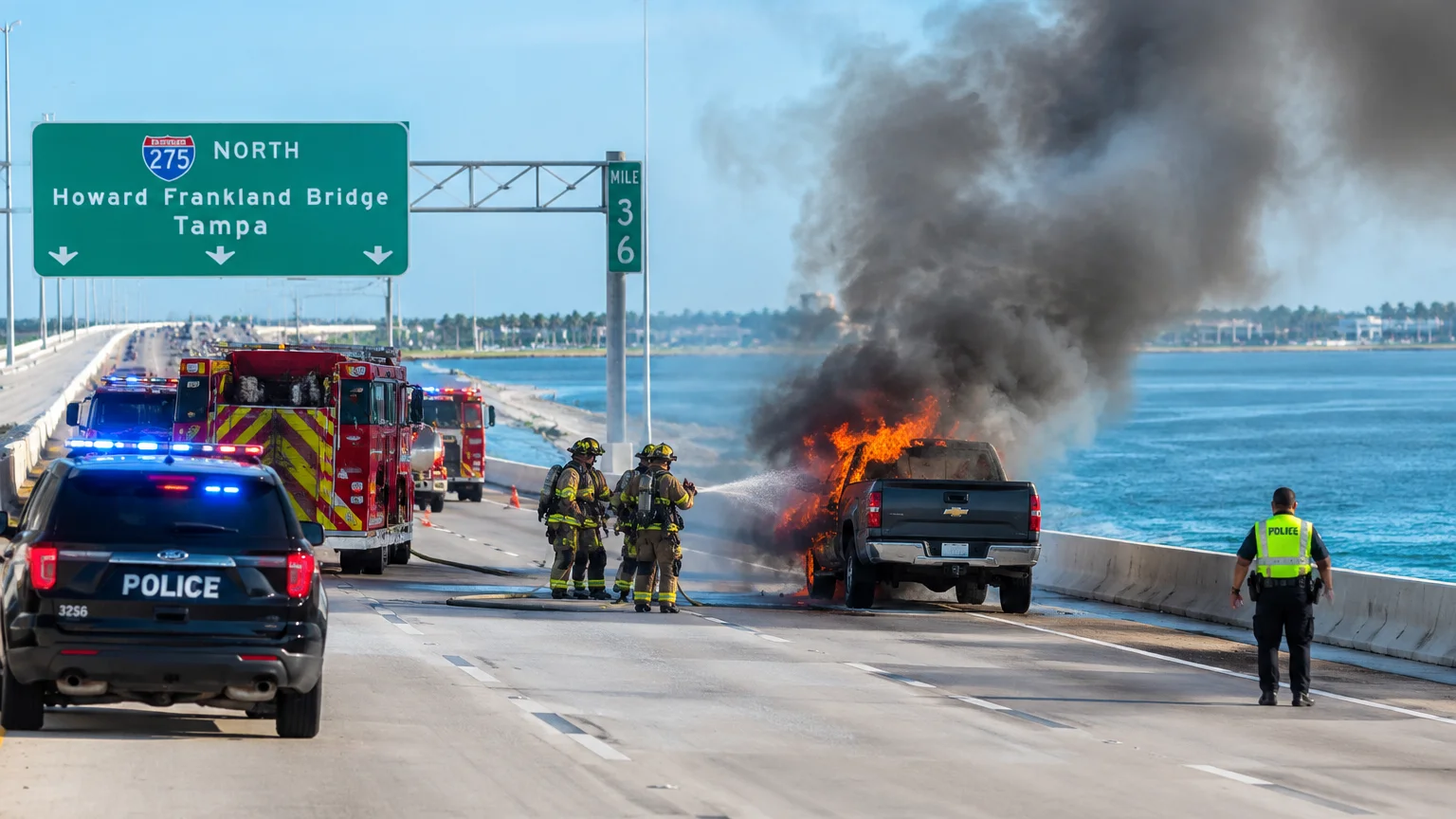 Pickup truck fire on Howard Frankland Bridge October 2026