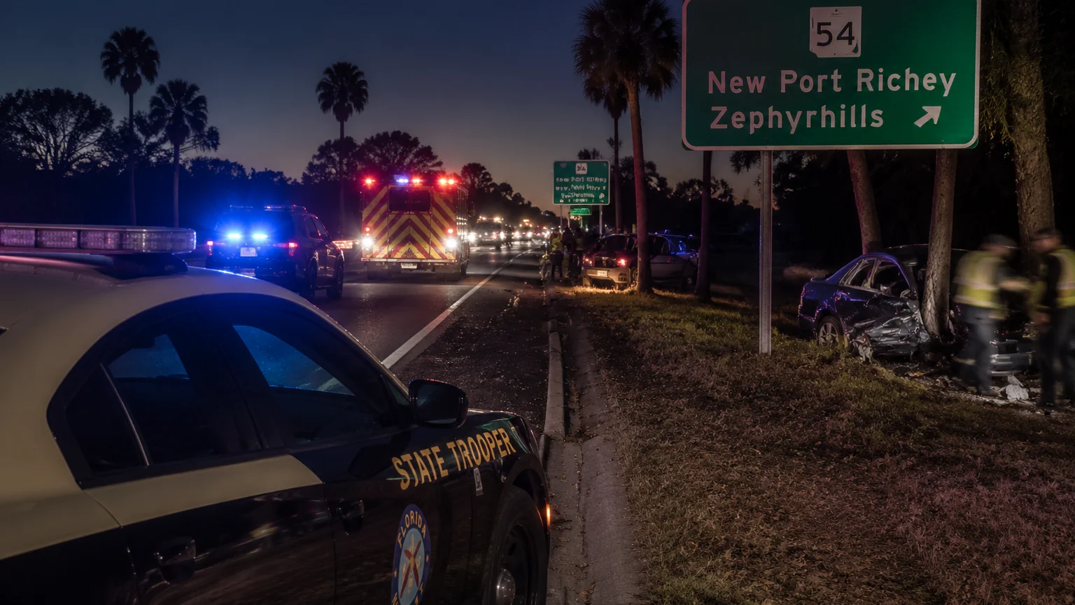 Fatal car crash Pasco County 2026 scene