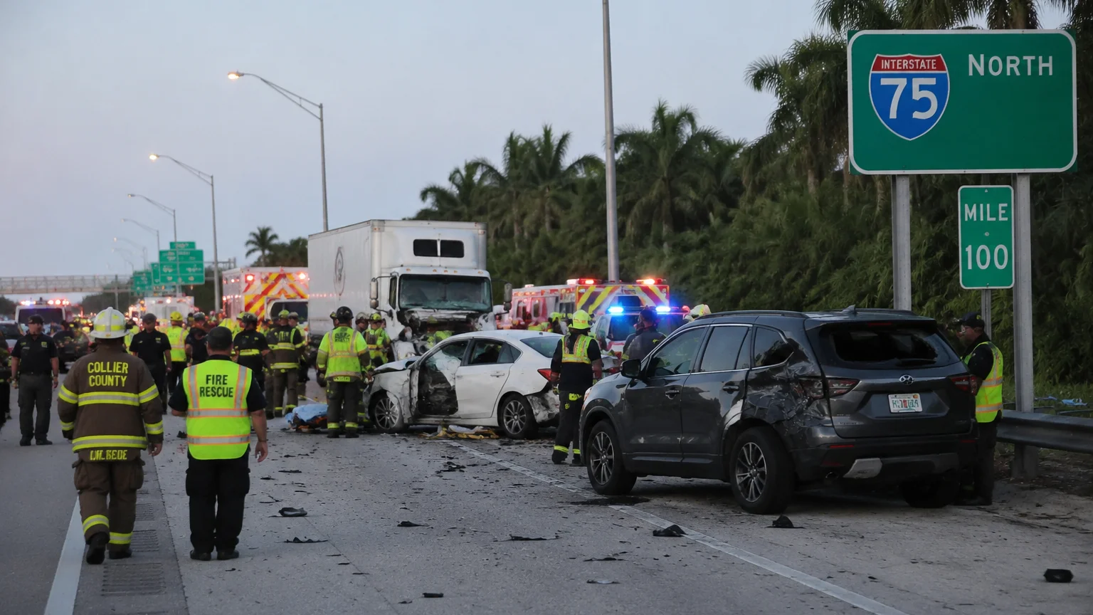 Fatal I-75 crash Collier County 2026 scene