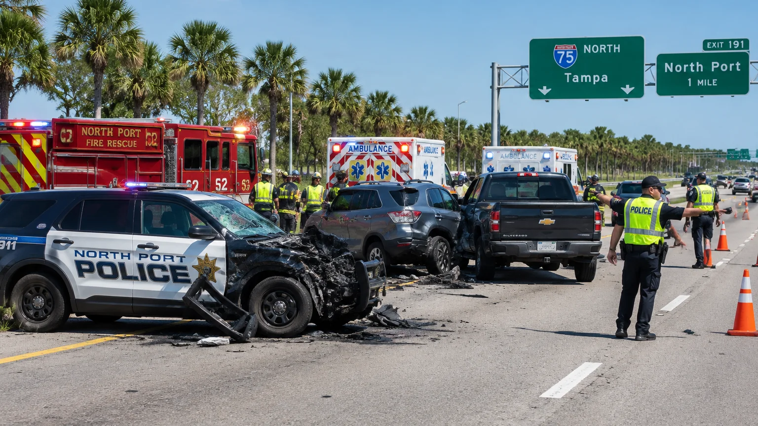 Fatal I-75 crash North Port 2026 involving police car
