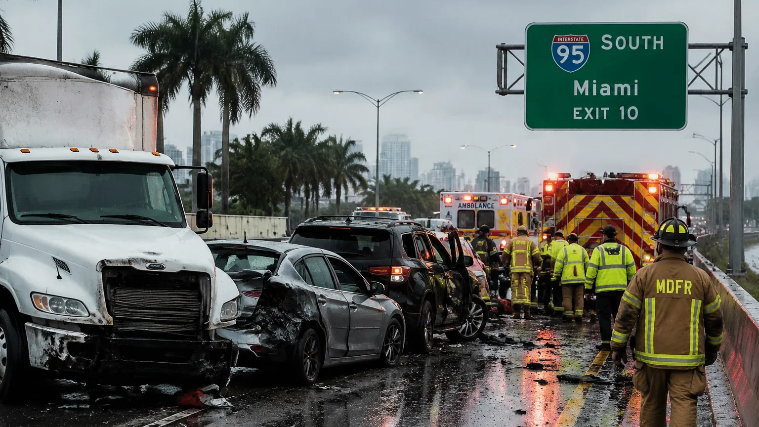 Fatal I-95 crash Miami 2026 scene with emergency vehicles