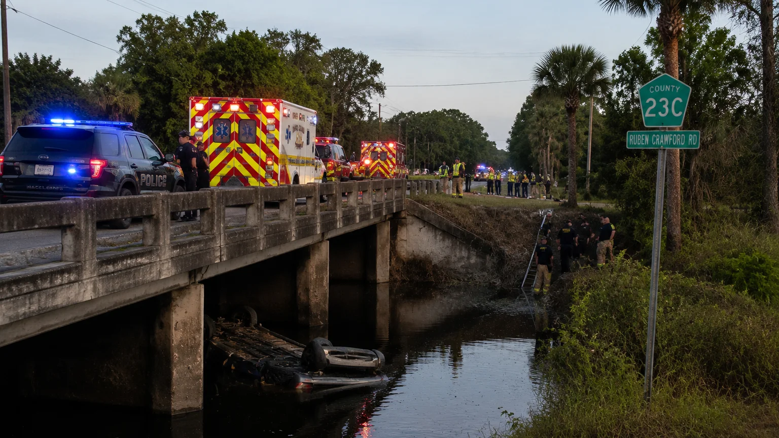 Fatal crash Macclenny 2026, vehicle submerged in water