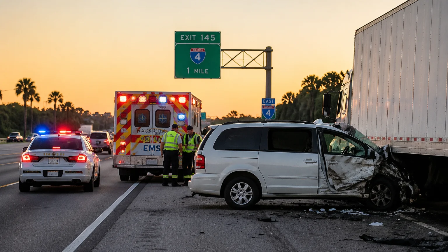 I-4 van crash Daytona 2026 involving a parked semi-truck